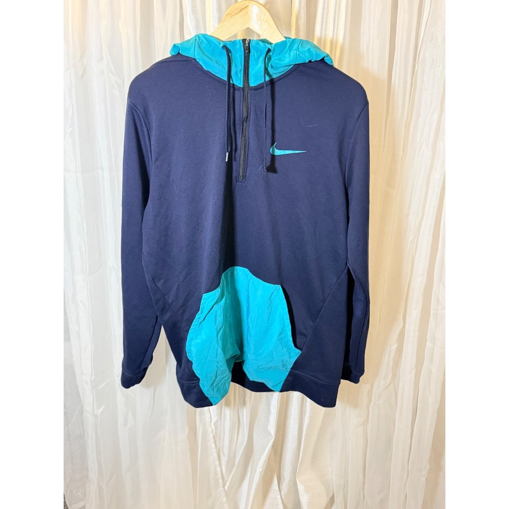 Nike Dri-FIT Quarter Zip Hoodie Mens Large Navy Teal Graphic Sleeve